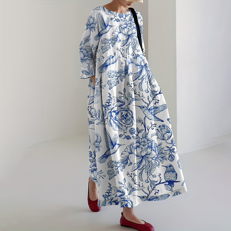 Japanese Art Floral & Bird Art Linen Maxi Dress