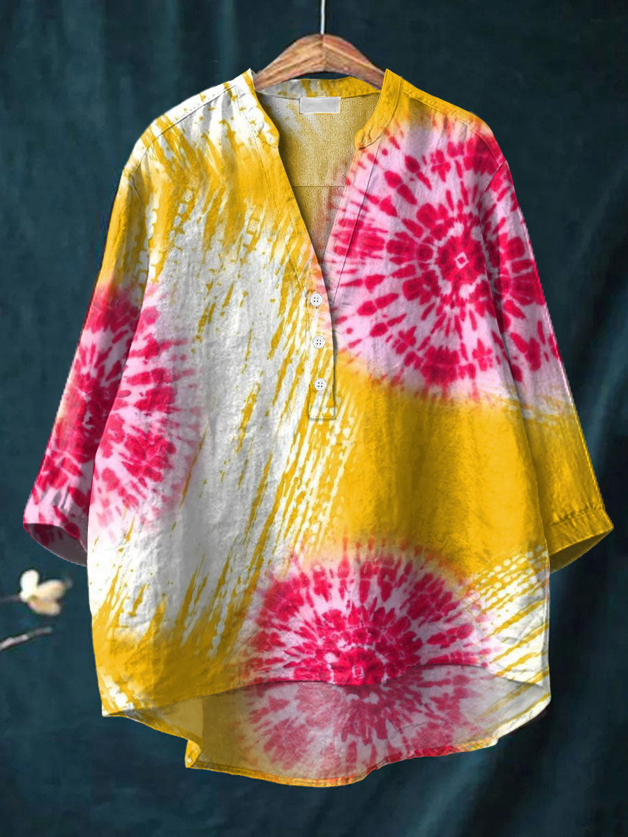 Tie Dye Vintage Art Print Casual Cotton & Linen Shirt