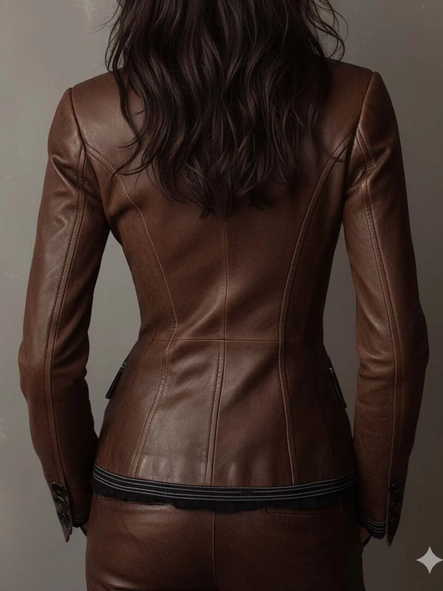Eco-Leather Tailored Blazer With Contrast Trim