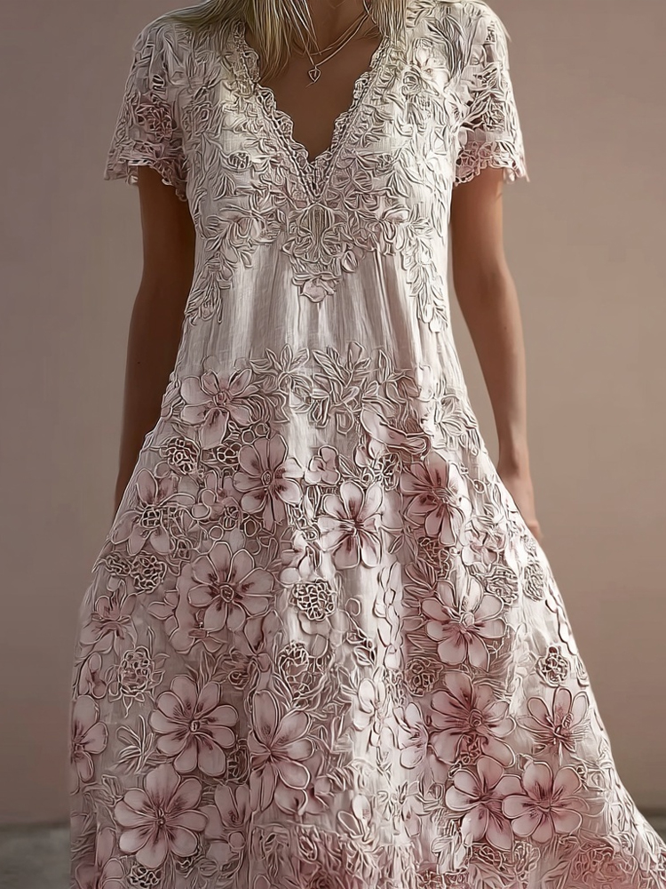 Vintage Floral Lace Embroidered V Neck Maxi Dress