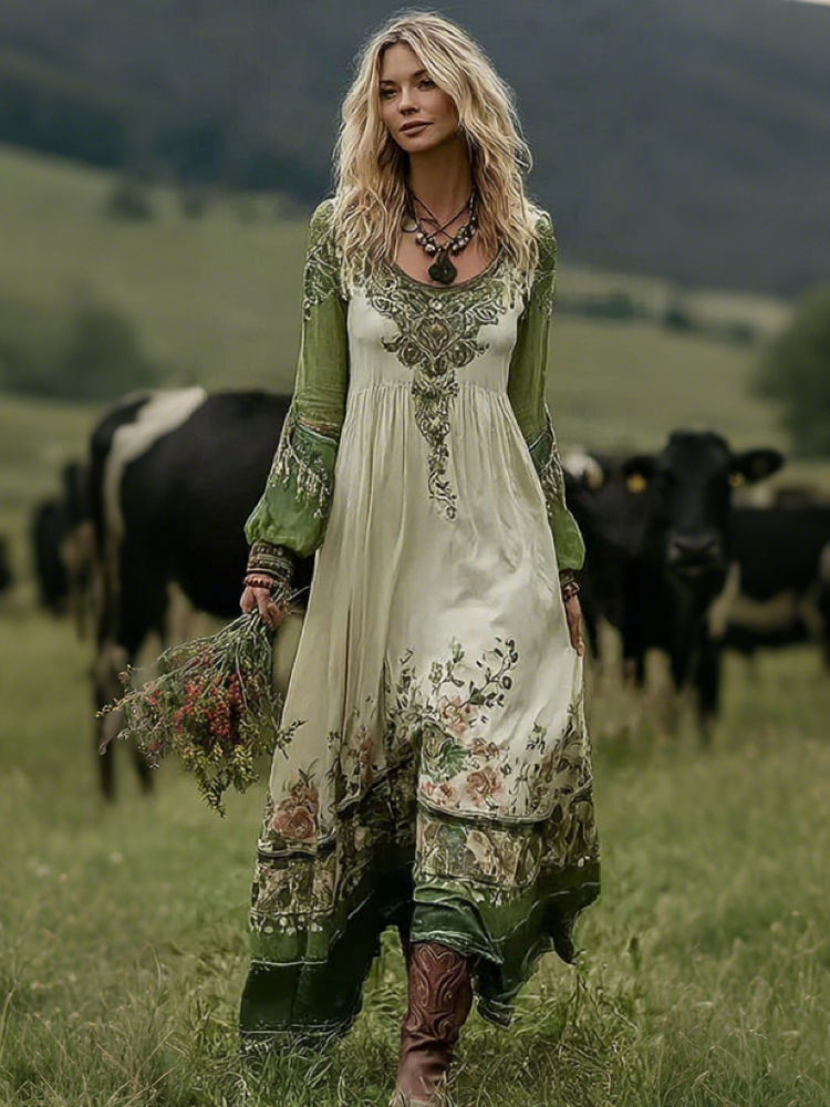 Women's Vintage Floral Pattern Art Comfy V-neck Dress