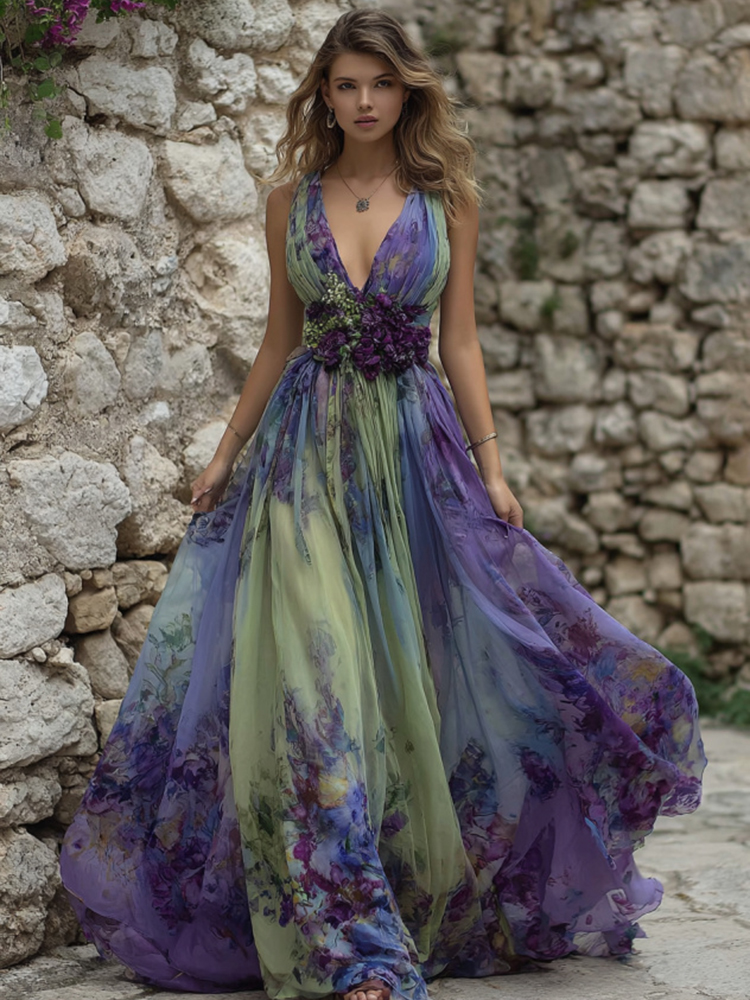 Vintage Gradient Purple Floral Embroidered Sleeveless Maxi Dress
