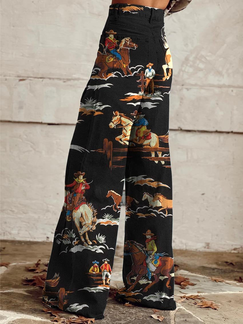 Cowboy Race Print Casual Wide-Leg Pants