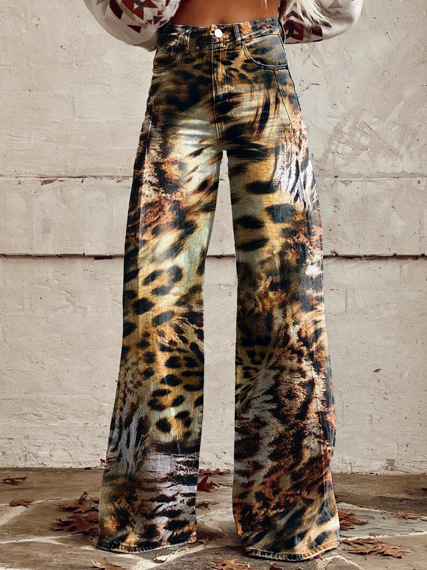 Vintage Leopard Print Casual Wide-Leg Pants