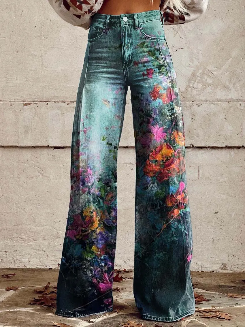 Floral Print Casual Wide-Leg Pants