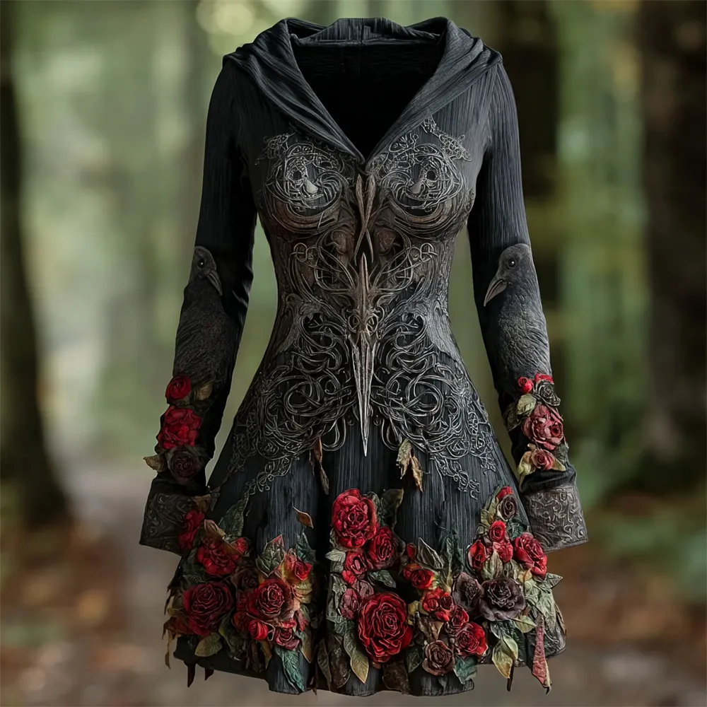 Halloween Dark Rose Art Women's Hooded Mini Dress