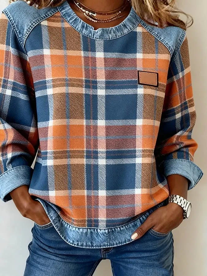 Casual Round Neck Denim Patchwork Plaid Print Pullover Sweatshirt