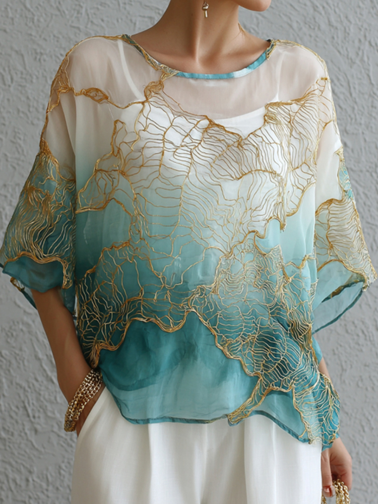 Vintage Marble Texture Collection Retro Bohemia Women Style Gradient Gilded Pattern Round Neck T-shirt