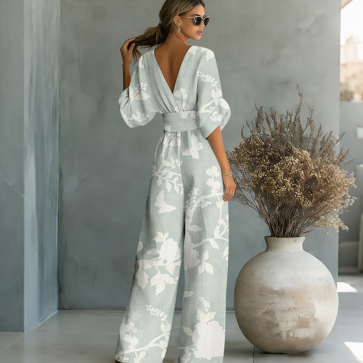 Simple And Elegant Floral Print Waisted Jumpsuit