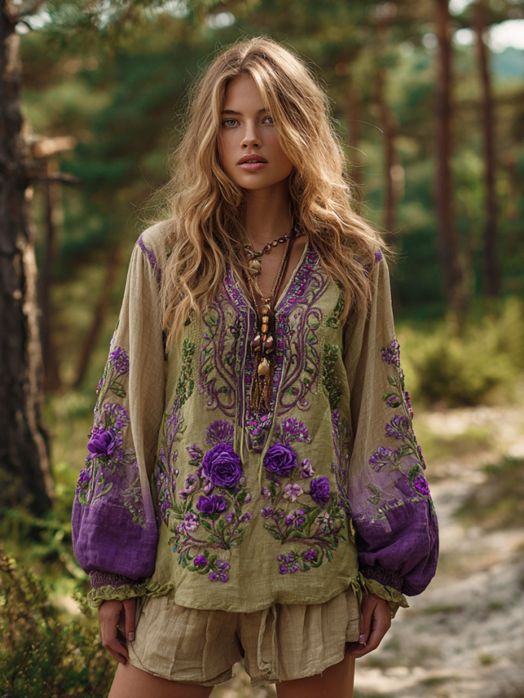 Vintage Purple Floral Embroidery Linen V Neck Long-Sleeve Shirt