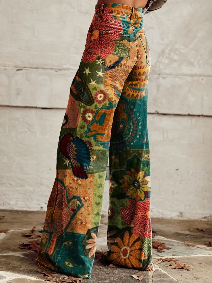 Vintage Print Casual Wide-Leg Pants