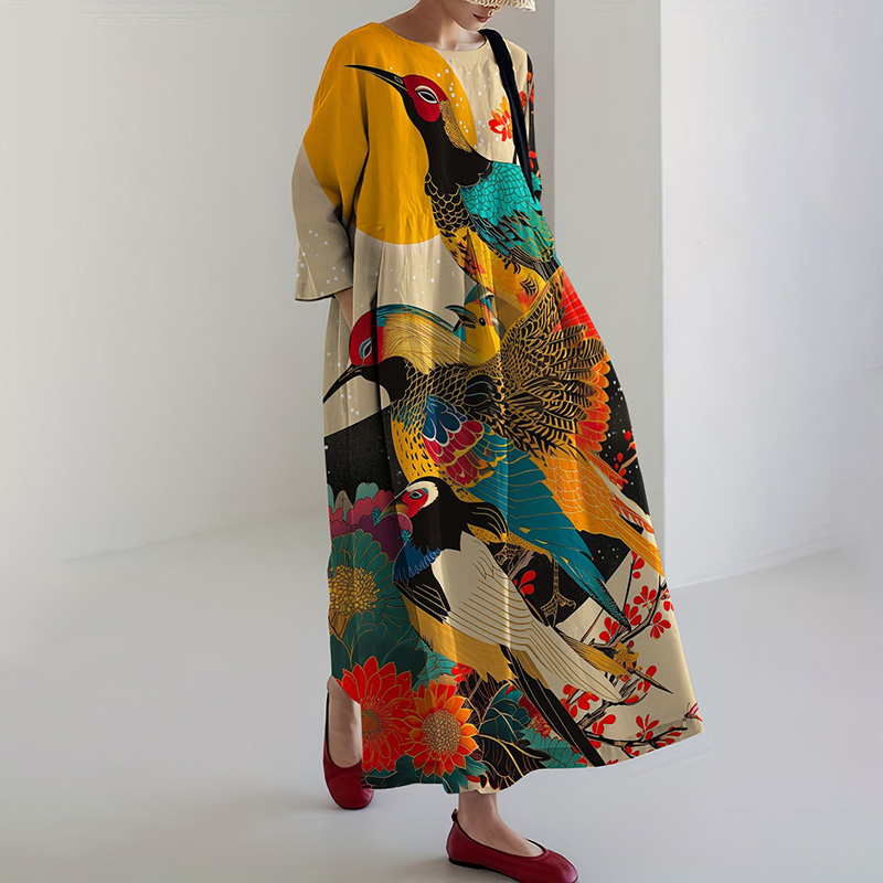 Retro Japanese Floral & Bird Art Print Midi Dress
