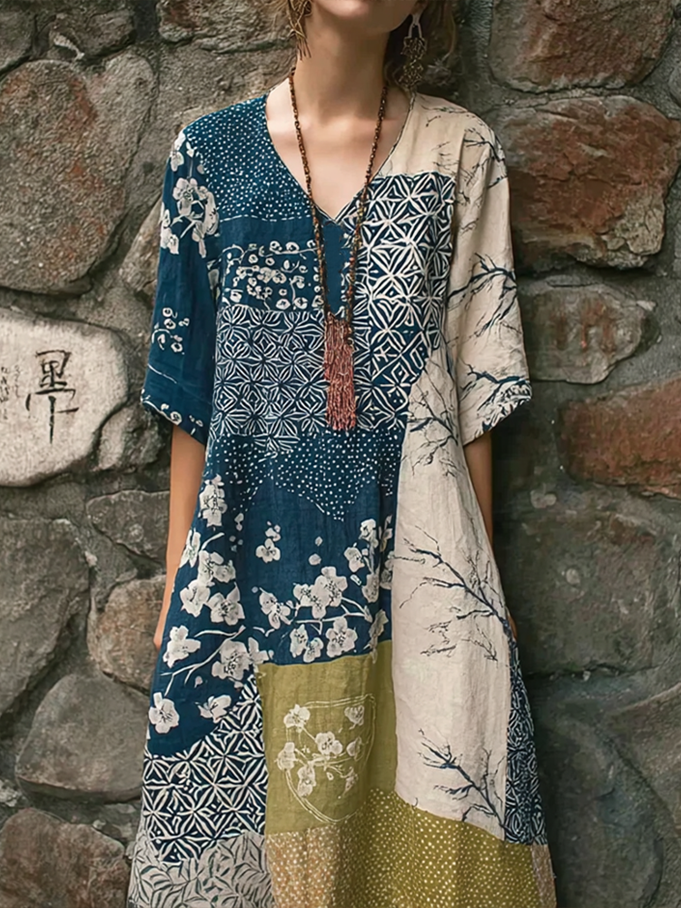 Japanese Art Retro Geometric Patchwork Plant Flower Print Women's V-neck Cotton & Linen Dress