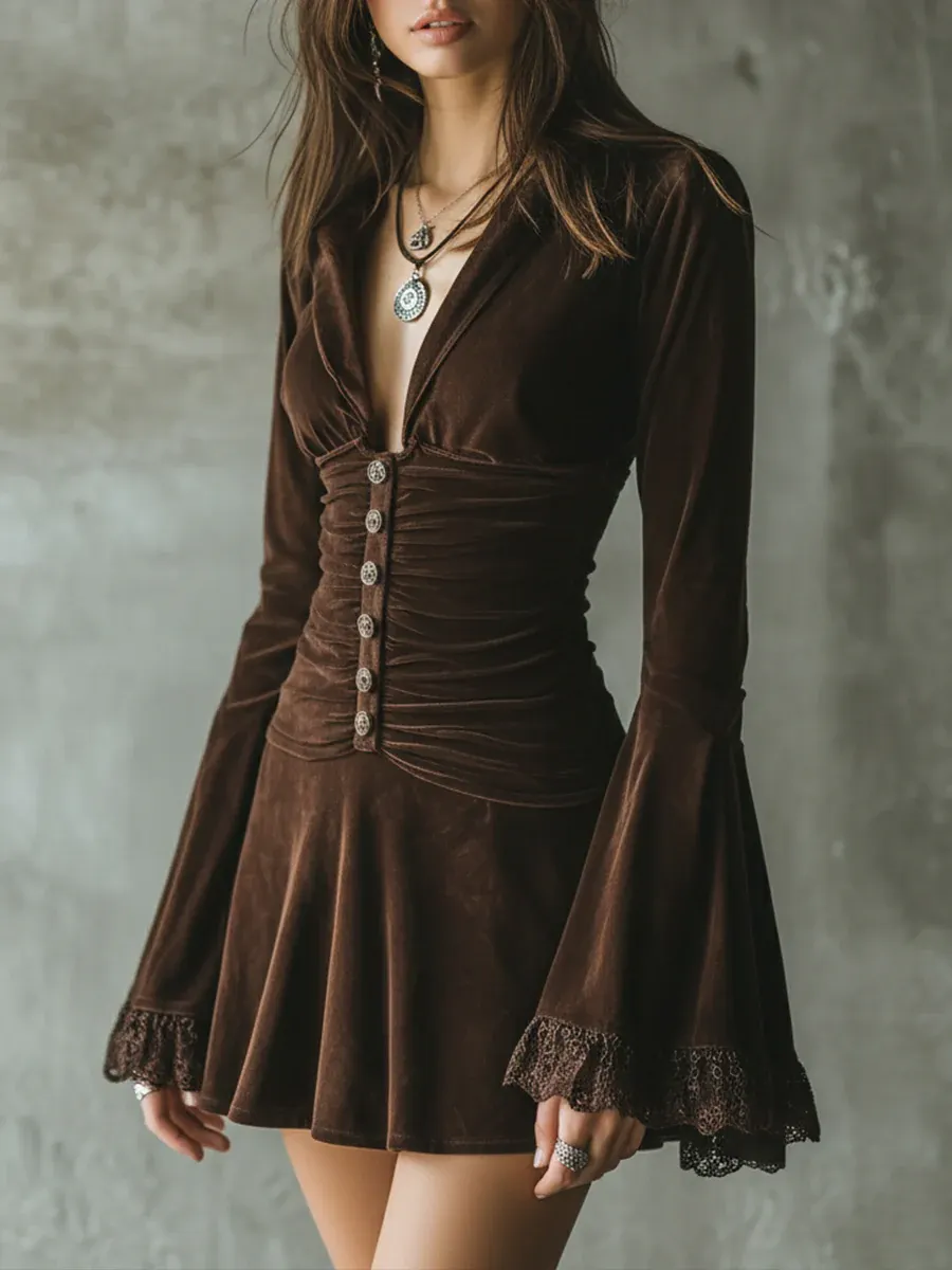 Dark Brown Velvet Button-down Lace Bell Sleeve Pleated Mini Dress