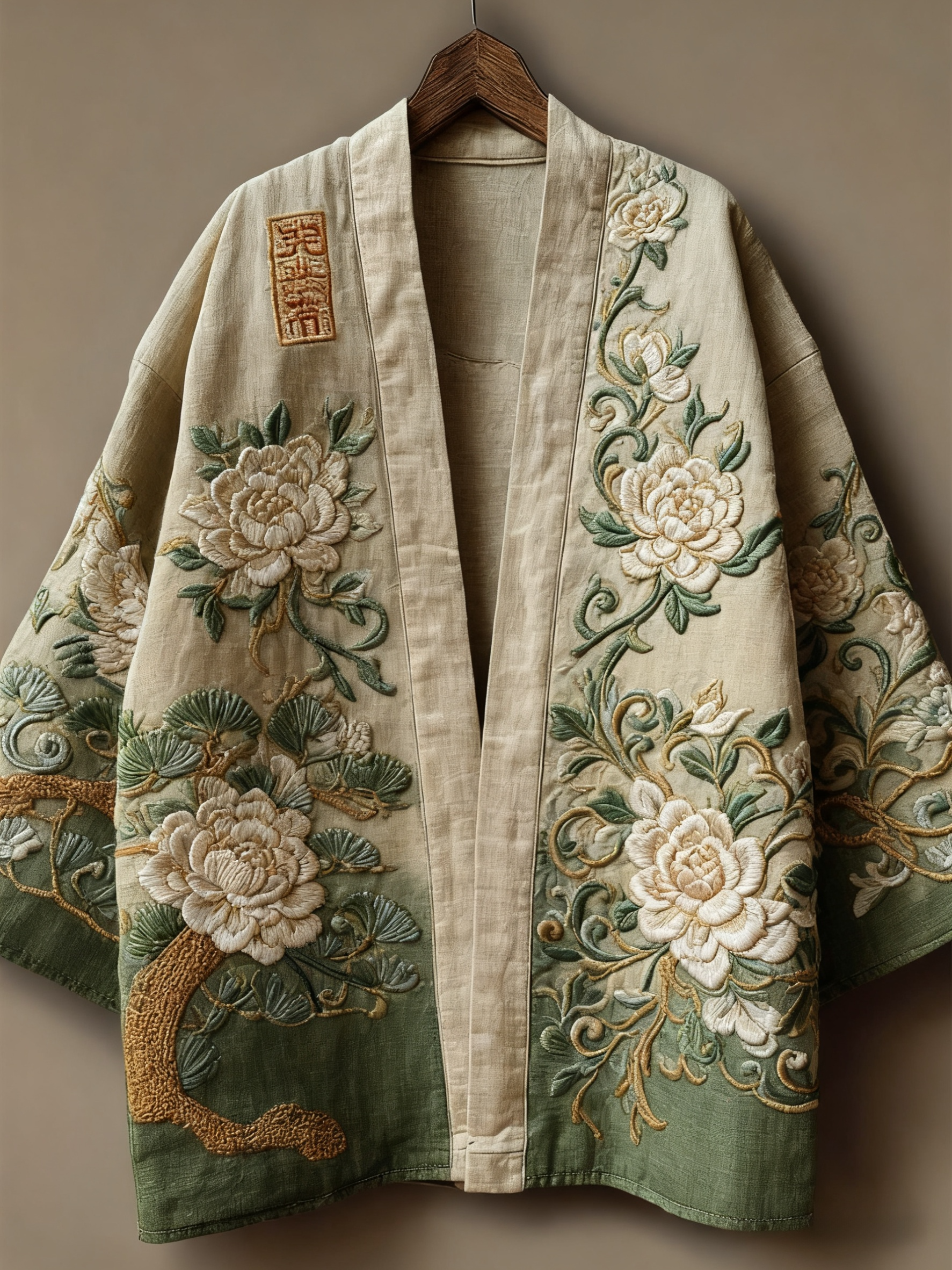 Oriental art landscape painting three-dimensional embroidery linen kimono cardigan