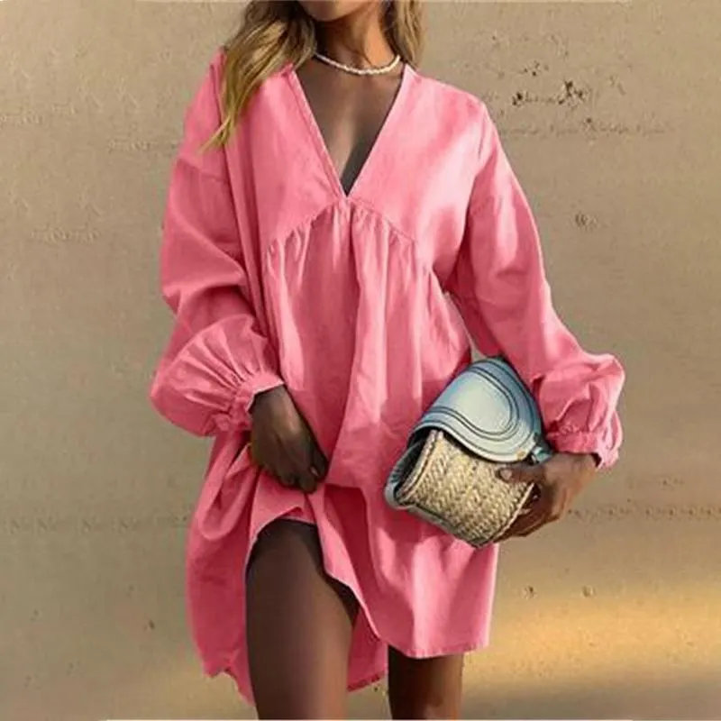 V-Neck Cotton Linen Long Sleeve Mini Dress