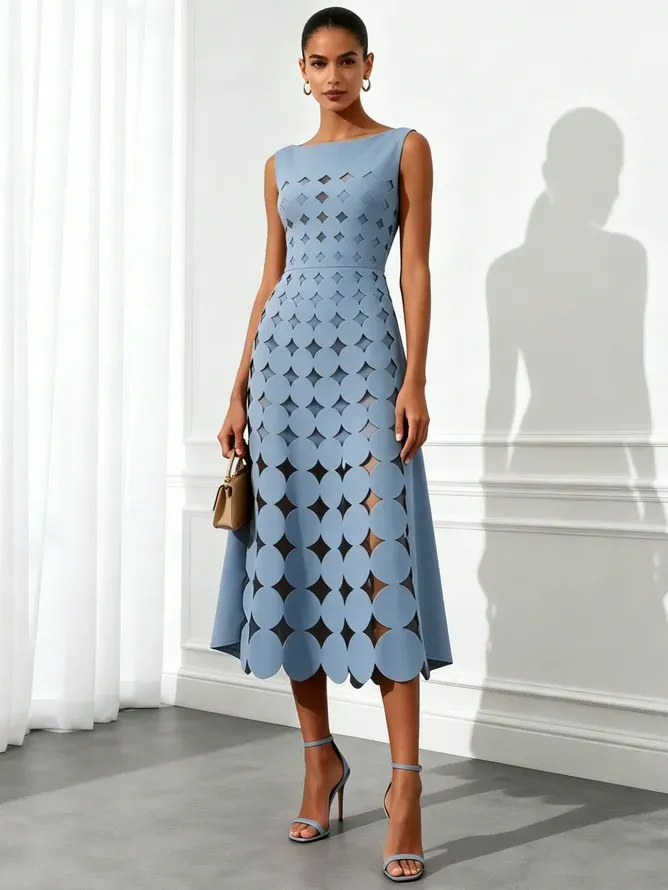 Blue Devore Classic Boat Neck Sleeveless A-Line Midi Dress