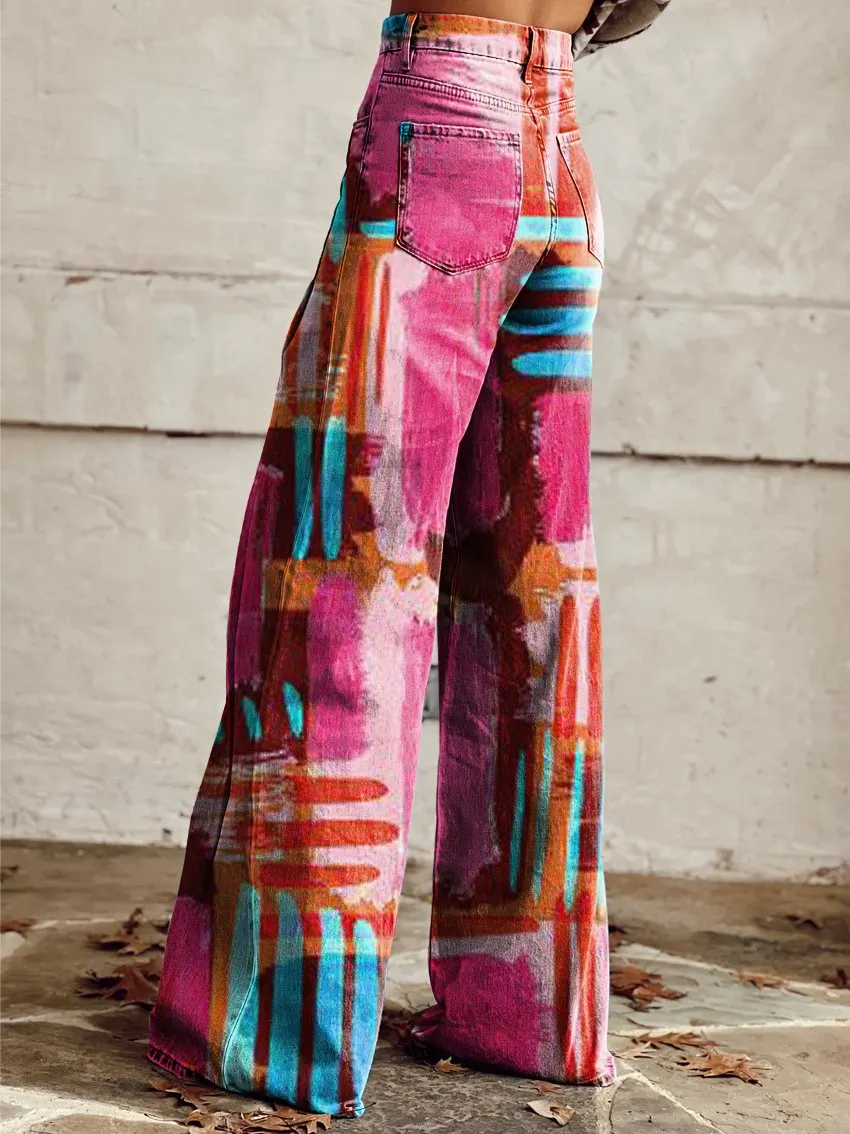 Vintage Print Casual Wide-Leg Pants