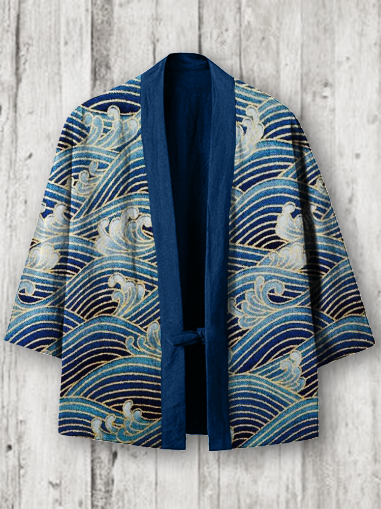 Sea Waves Japanese Art Linen Blend Kimono Cardigan