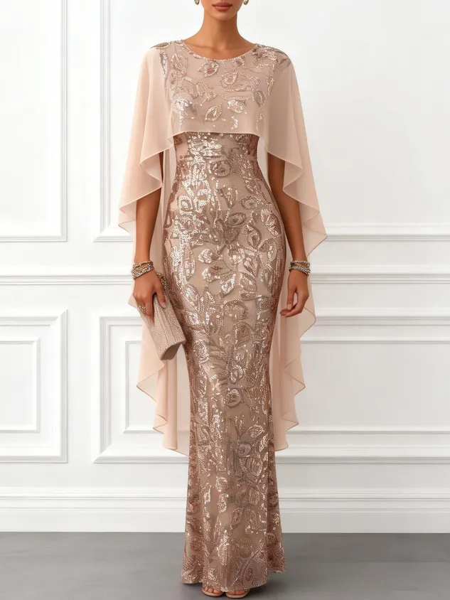 Champagne Glitter Crew Neck Cap Sleeve Sheath Floor-length Gown