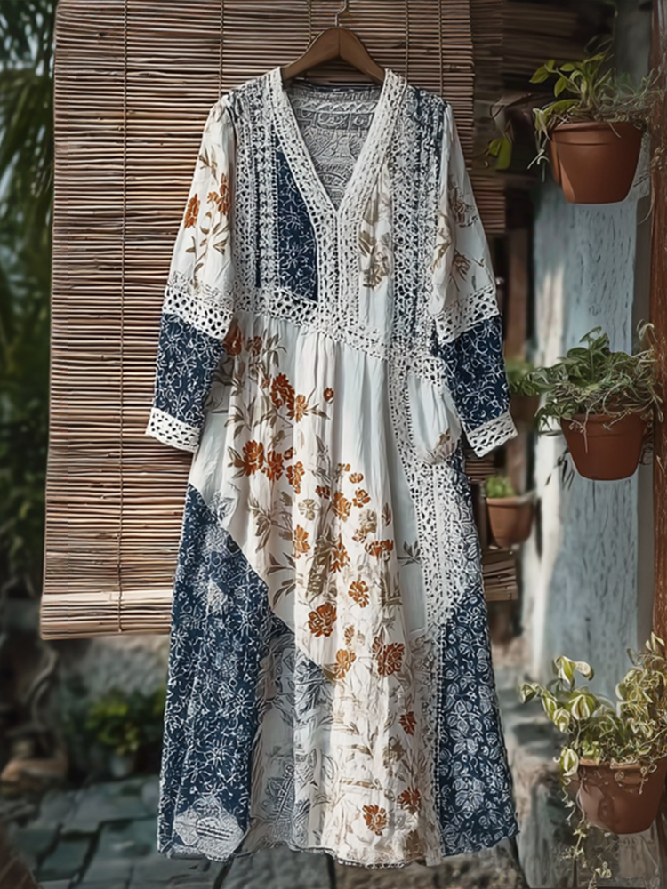 Japanese Art Retro Style Geometric Patchwork Design Lace Patch Women's Cotton & Linen Dress