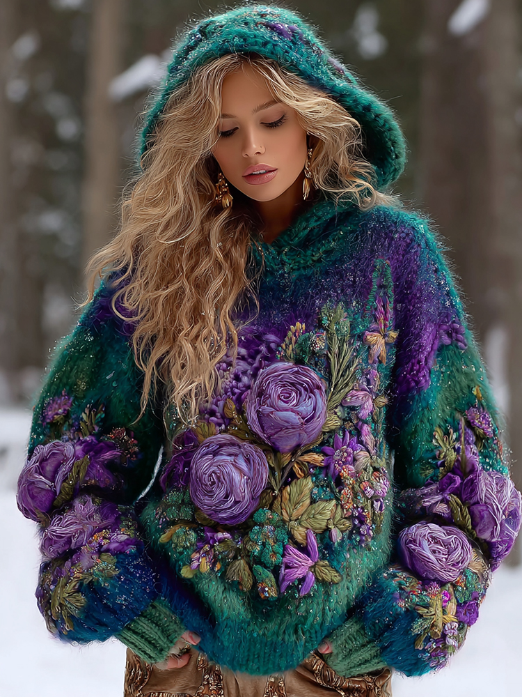 Women's Gradient Rose And Floral Flannel Knitted Warm Hooded Sweater