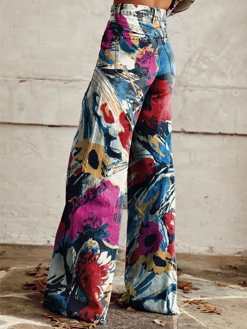 Vintage Print Casual Wide-Leg Pants