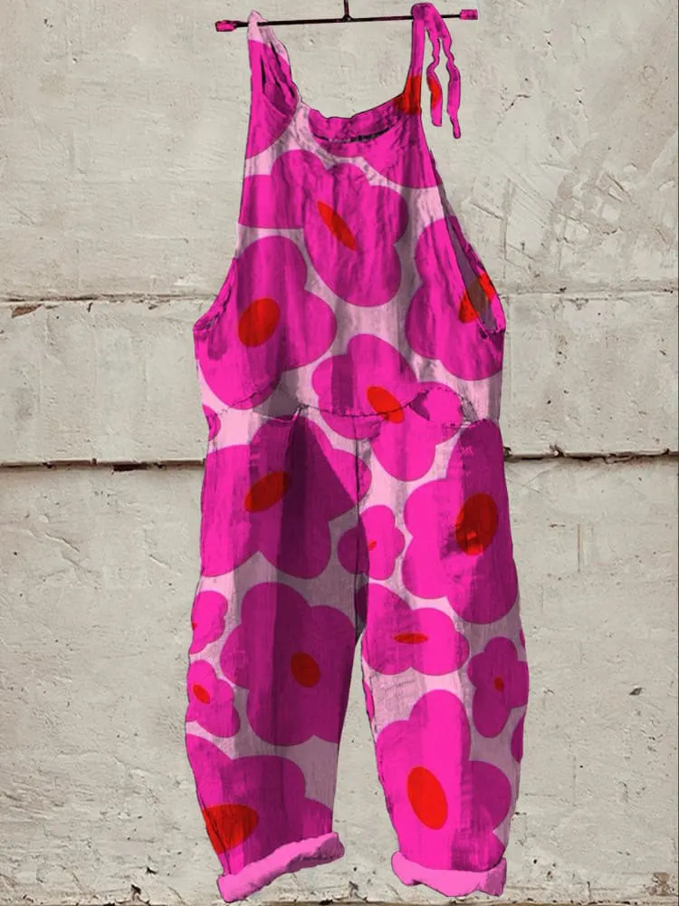 Vibrant Pink Floral Pattern Printed Women's Casual Wide-Leg Jumpsuit