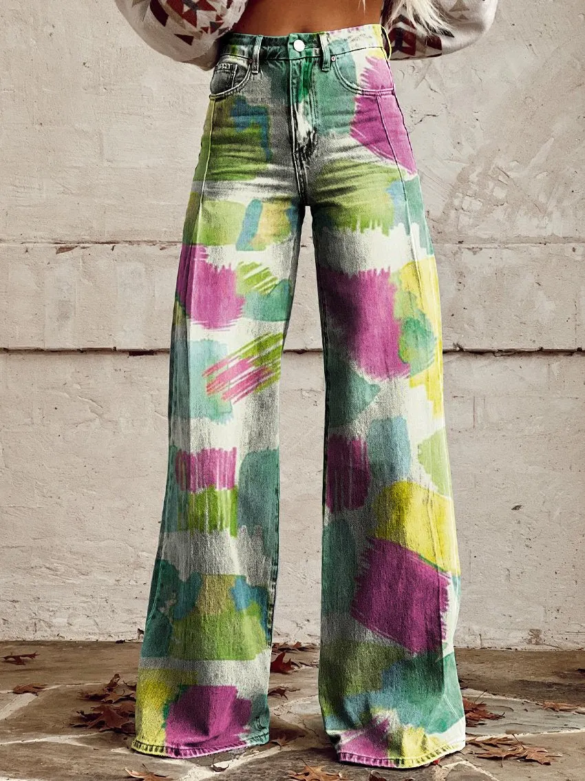 Vintage Print Casual Wide-Leg Pants