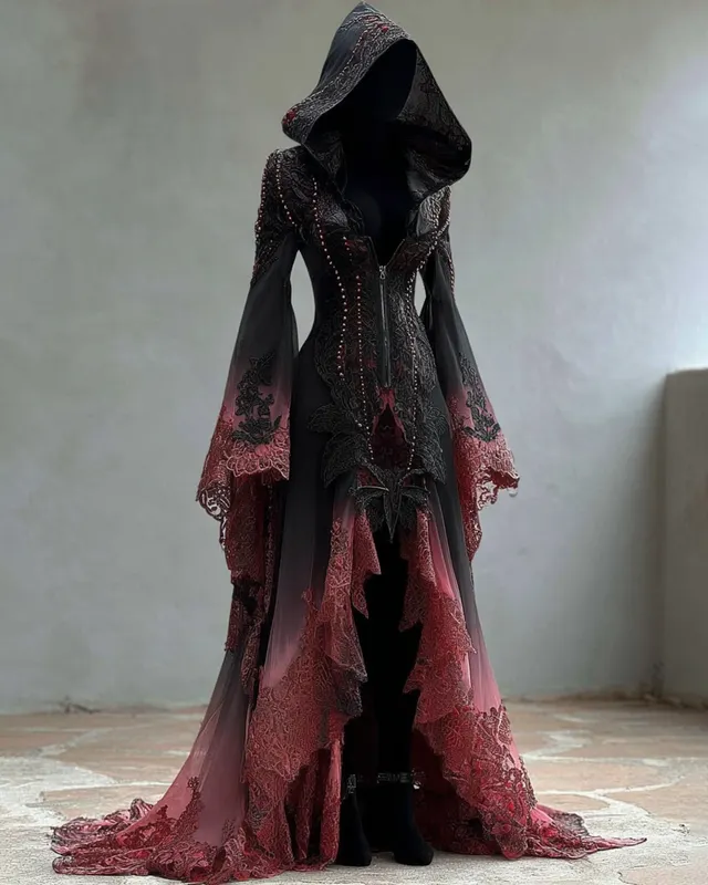 Bohemian style gradient lace patchwork ruffled hooded Evening Dress fa3c