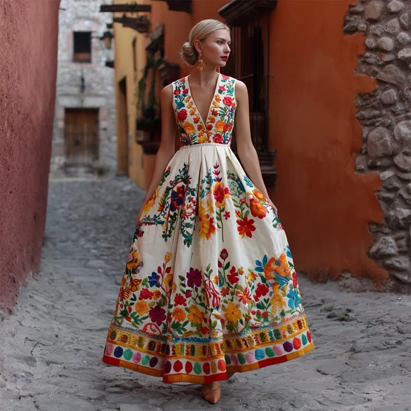 Mexican Flowers Embroidered V Neck Flowy Maxi Evening Dress