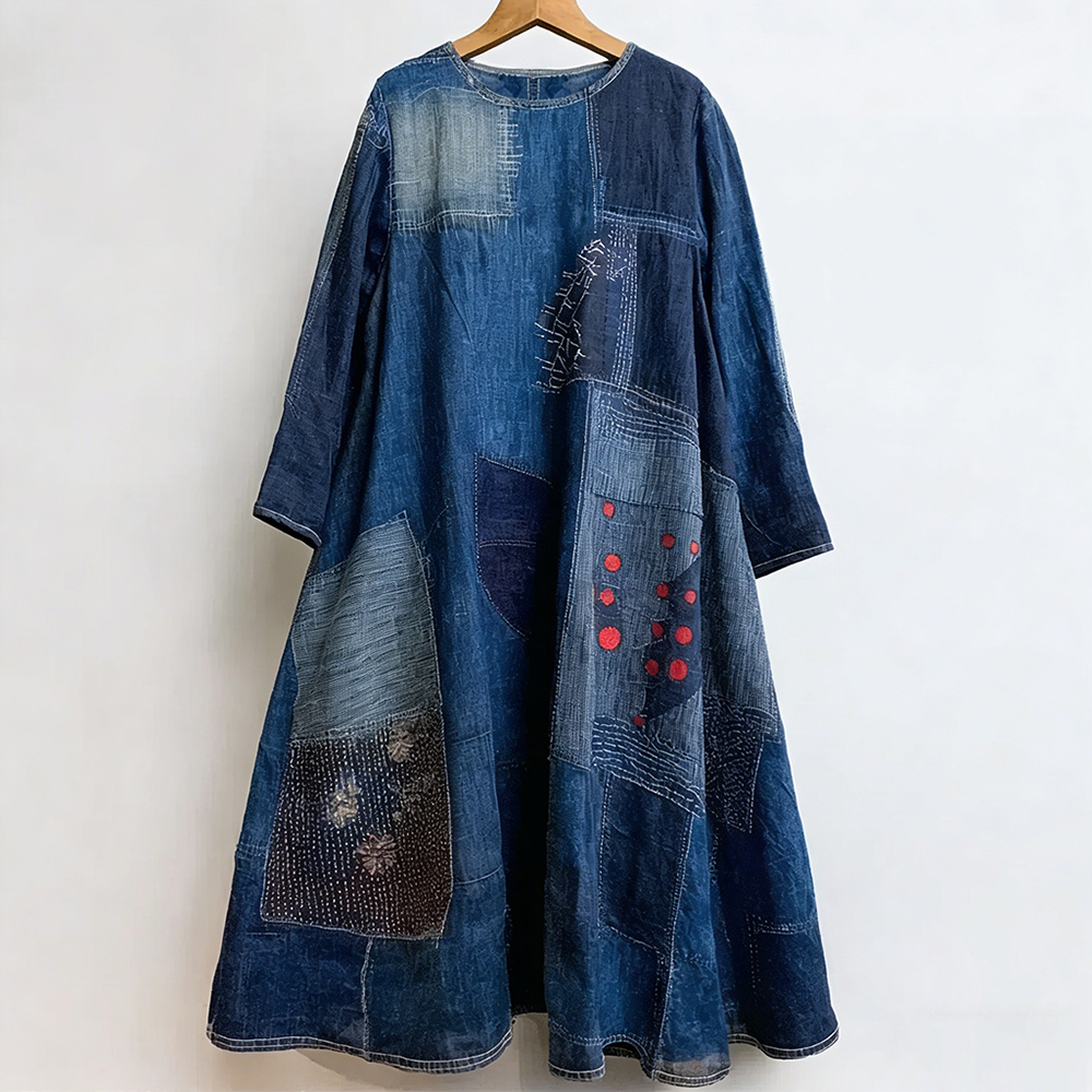 Vintage Japanese Sashiko Patchwork Linen Maxi Dress