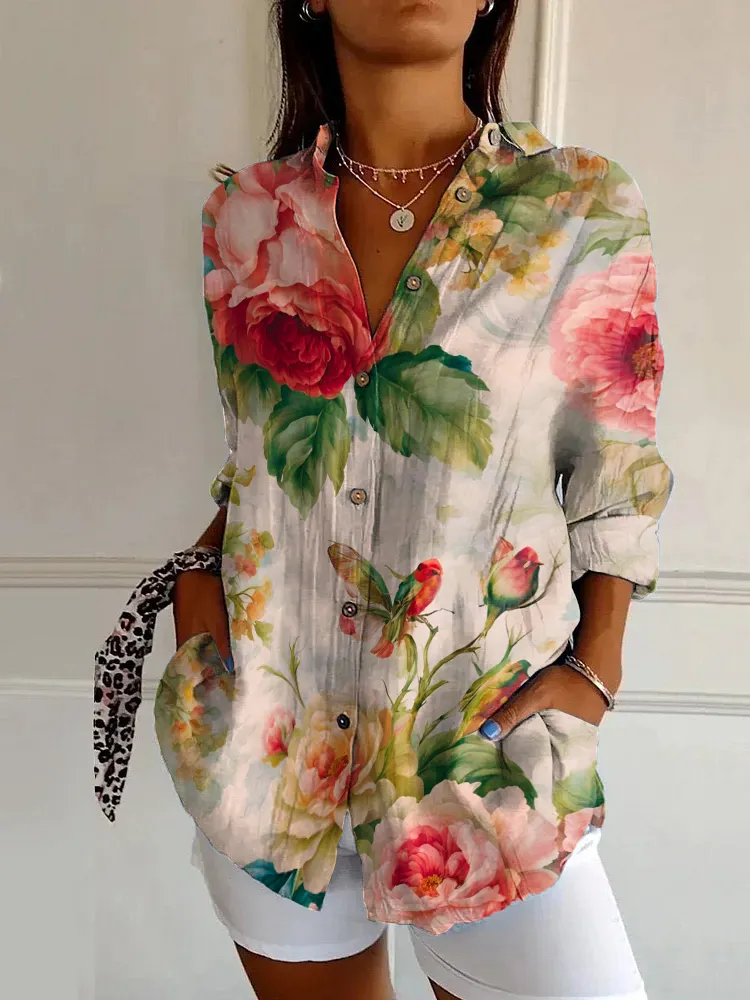 Vintage Floral Print Casual Long Sleeve Shirt