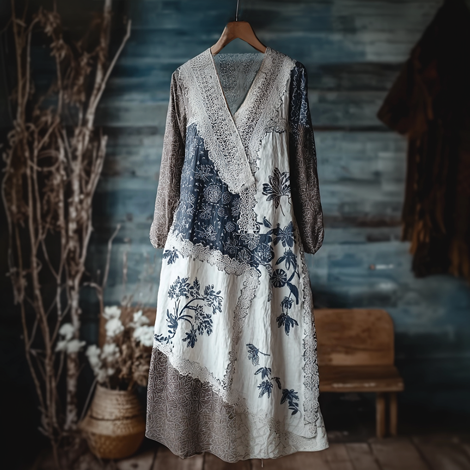 Japanese Art Retro Style Geometric Patchwork Design Lace Patch Women's Cotton & Linen Dress