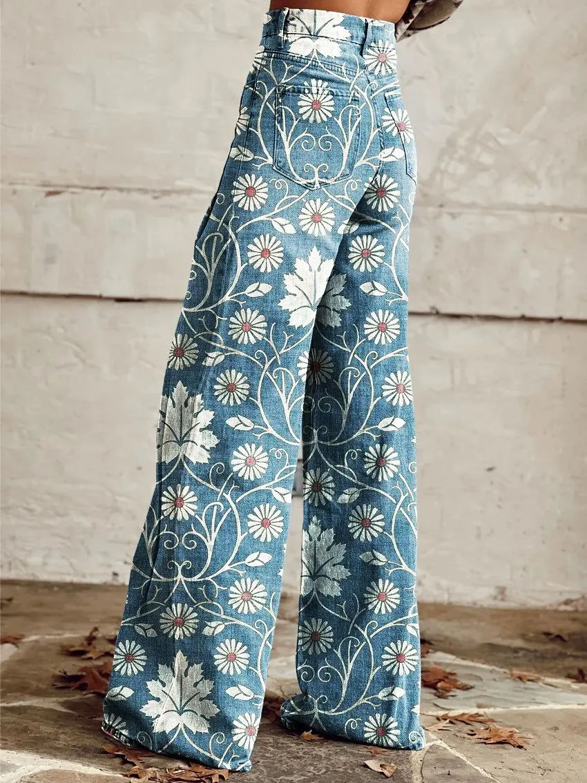 Vintage Print Casual Wide-Leg Pants