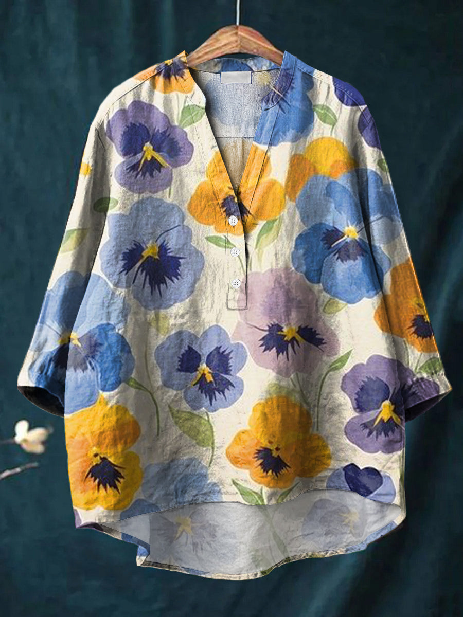 Artistic Colourful Flowers Print Casual Cotton & Linen Ruffle Shirt