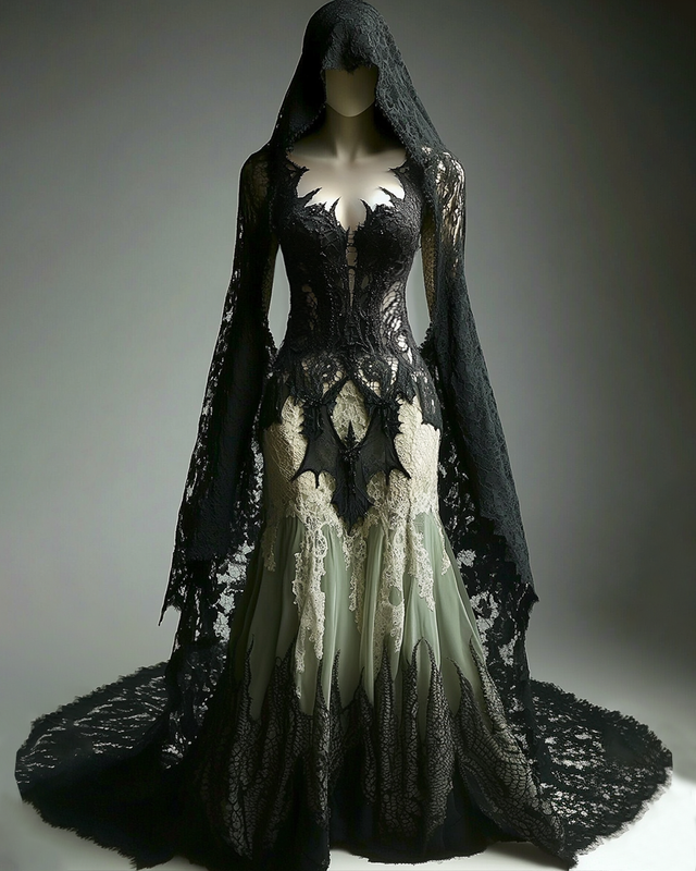 Bohemian style gradient bat lace embroidery patchwork hooded Evening Dress e3f4