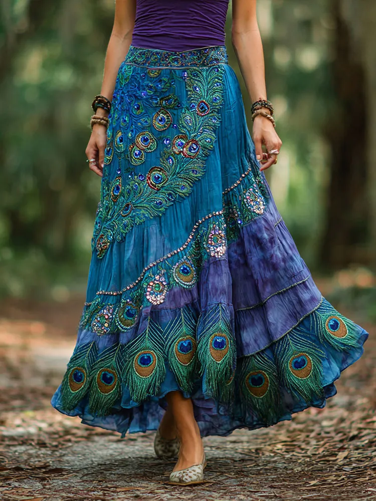 Vintage Peacock Feather Gradient Art Linen Blend Midi Skirt
