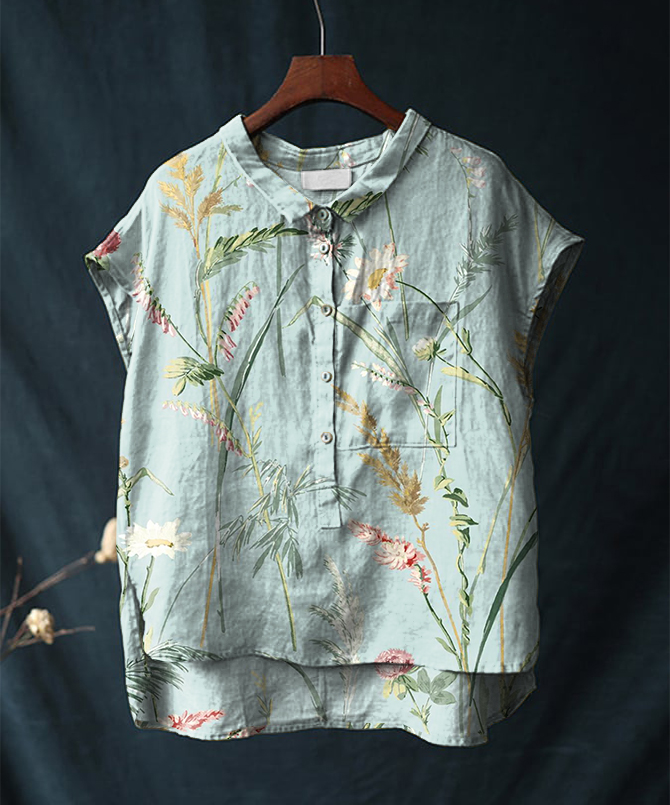 Vintage Floral Print Short-sleeved Cotton & Linen Shirt