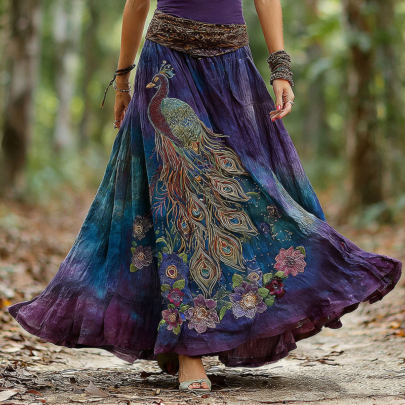 Retro Peacock Floral Gradient Art Linen Blend Midi Skirt