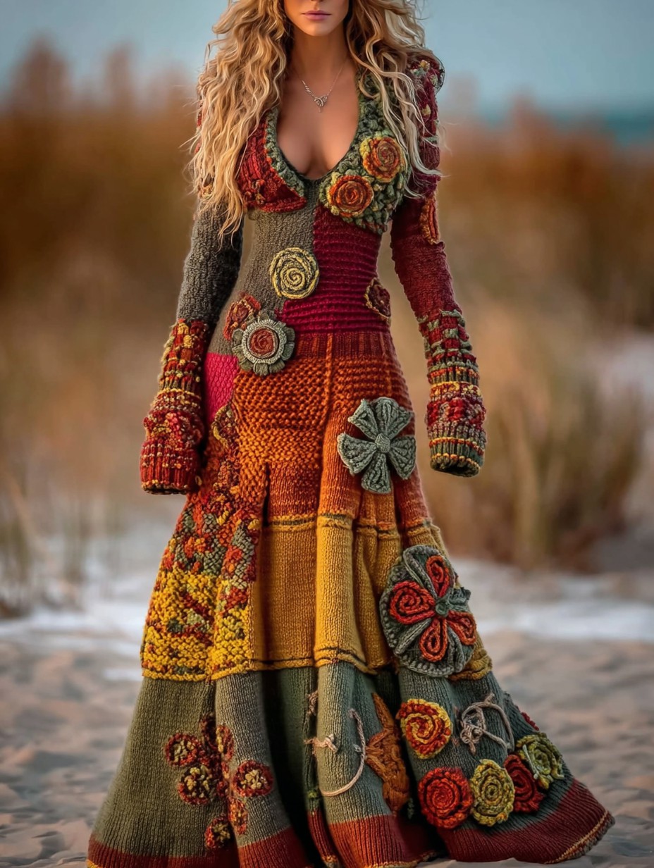 Vintage Floral Crochet Colorblock Cozy Maxi Sweater Dress