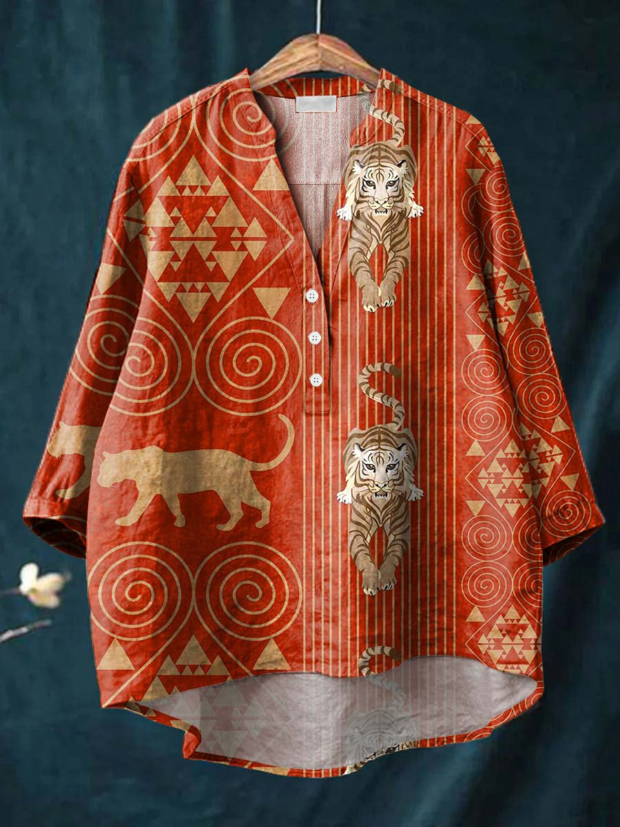 Geometric Tiger Pattern Art Print Casual Cotton & Linen Shirt