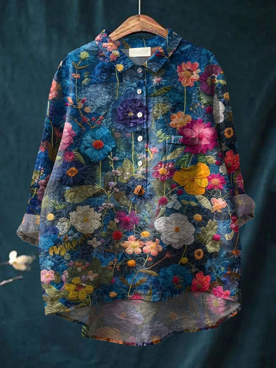 Vintage Flower Print Casual Cotton & Linen Shirt
