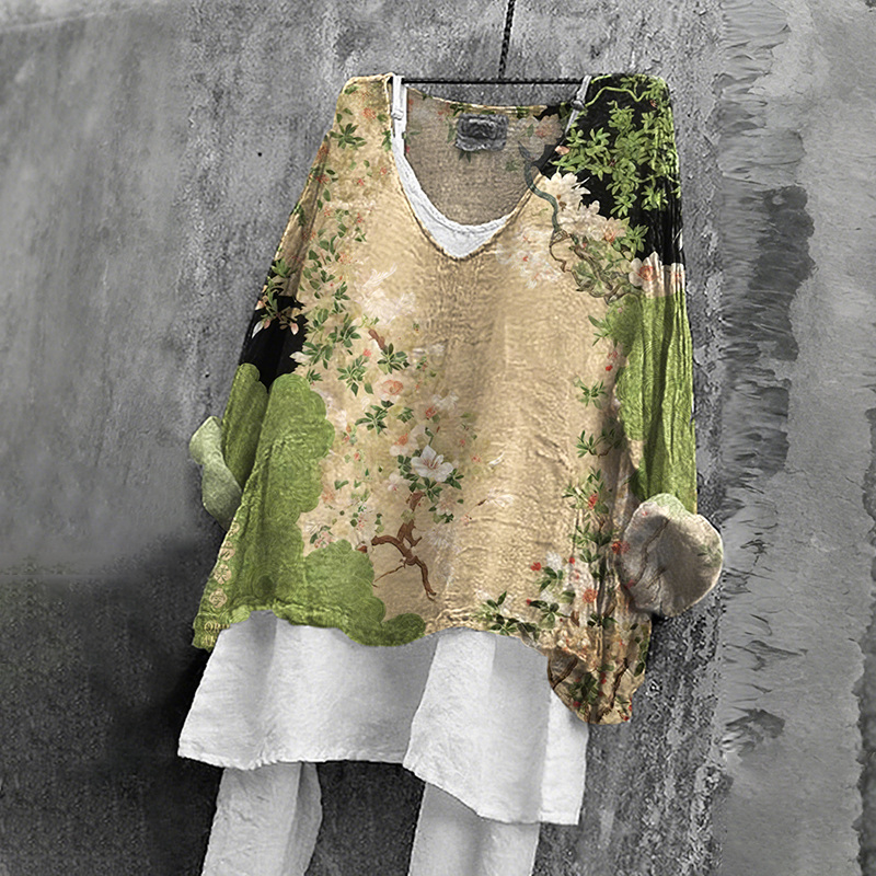 Japanese Floral Art Print V-neck Loose T-shirt