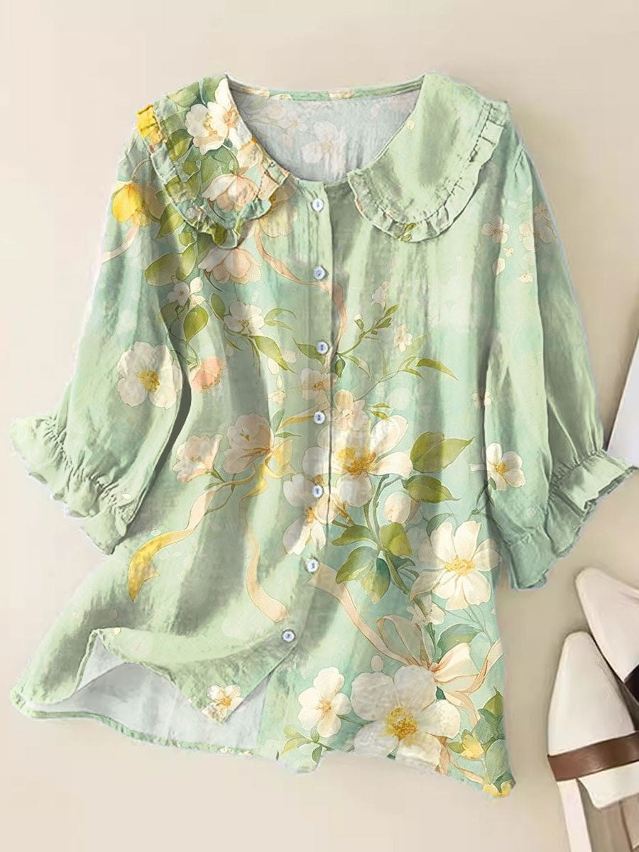 Fresh Floral Art Print Loose Top Peter Pan Collar Half Sleeve Blouses