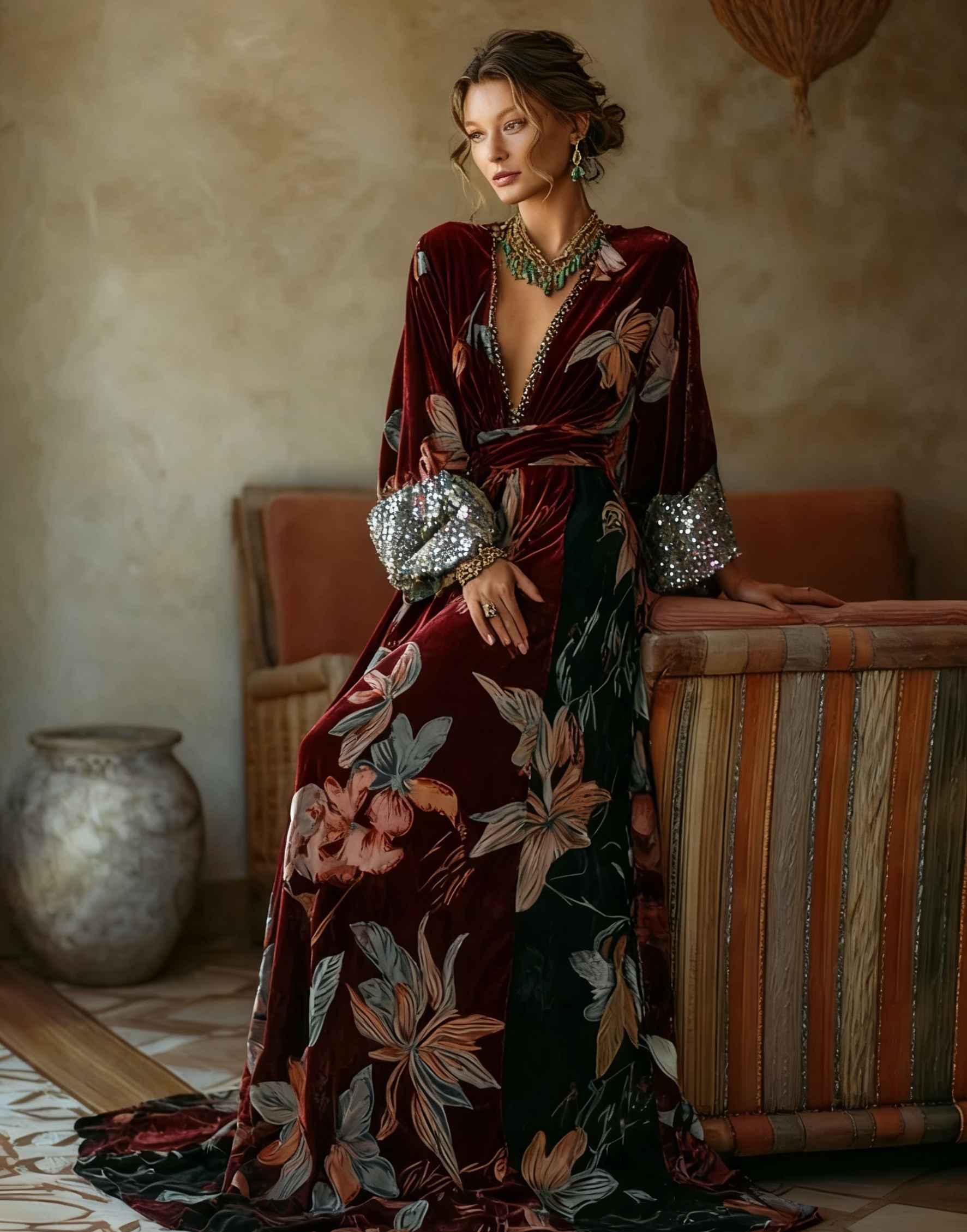Artistic women's velvet V-neck bell sleeve dress
