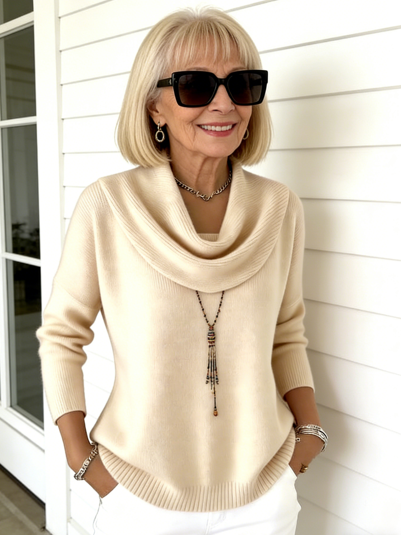 Ivory Cowl-Neck Knit Sweater
