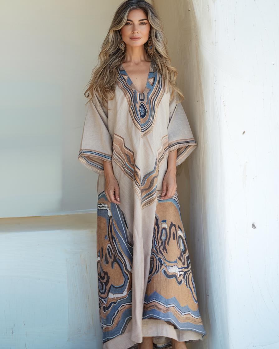 Cotton & Linen Long Sleeve Kaftan Maxi Dress