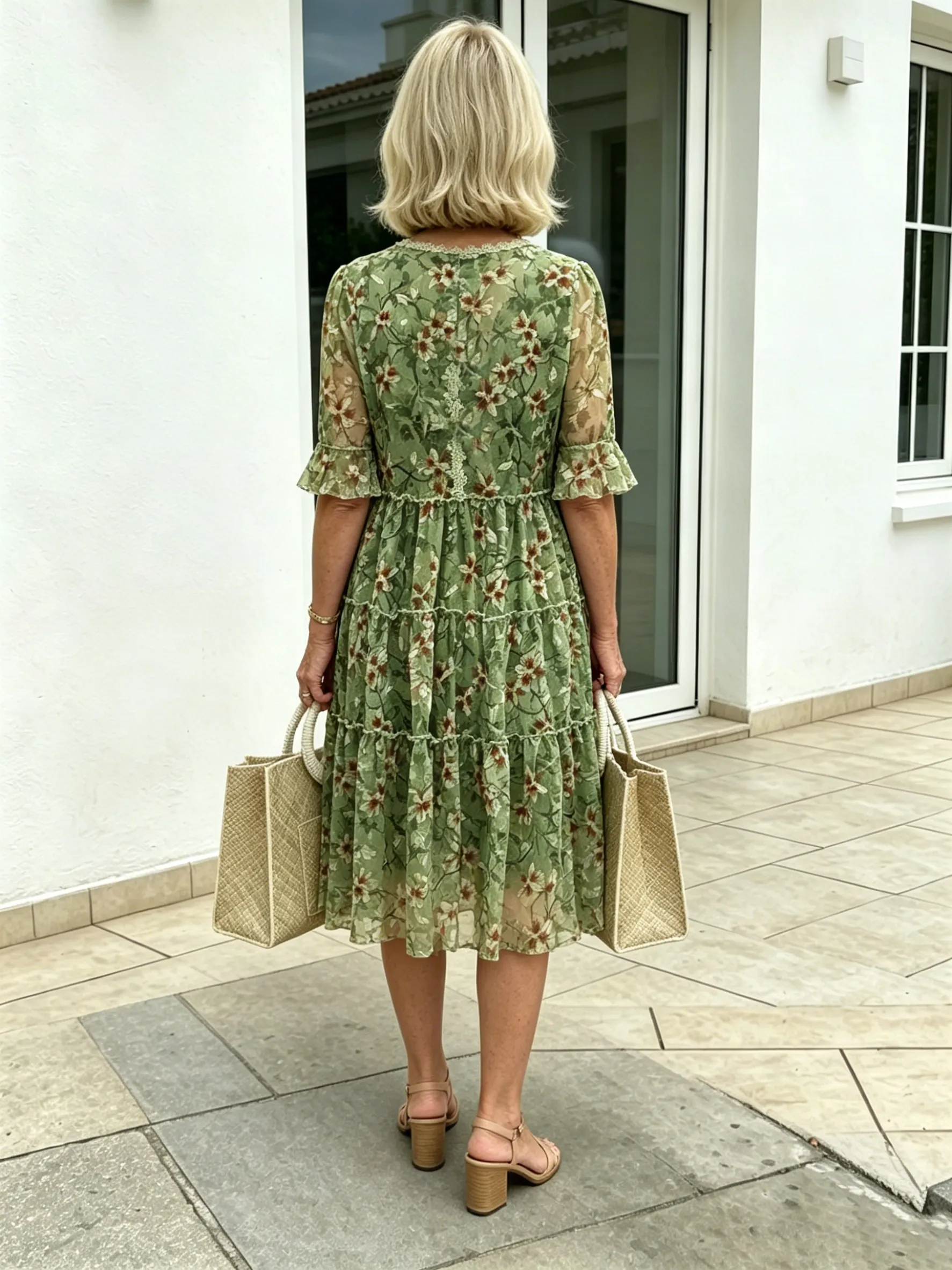 Green Floral Ruffle Midi Dress