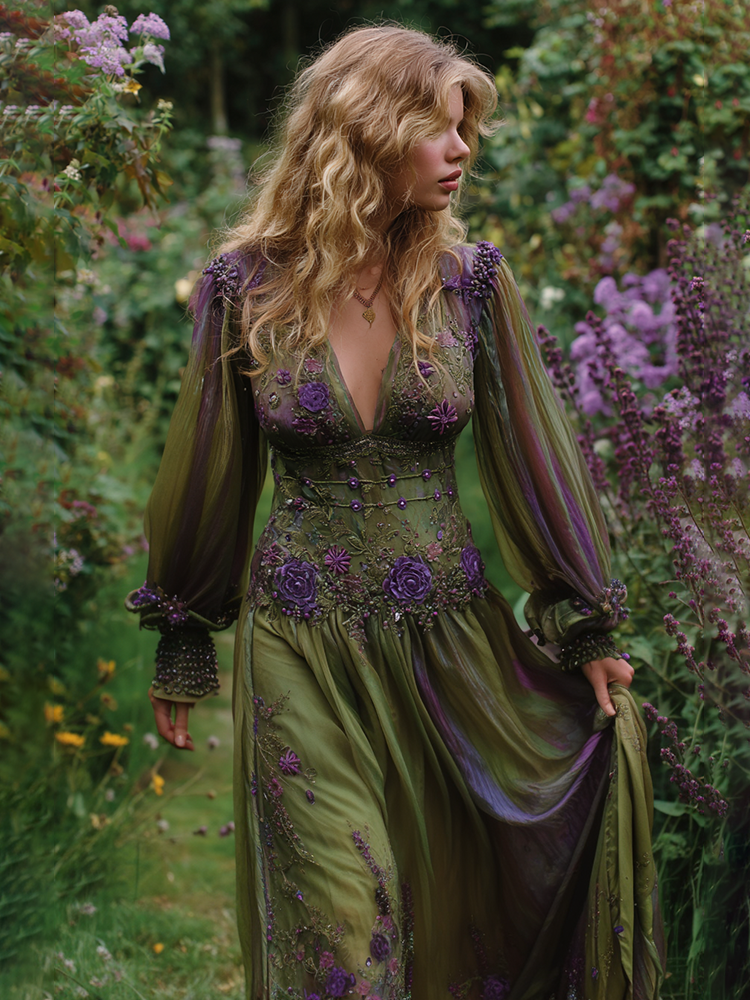 Vintage Purple Gilded Rose Embroidery Long Sleeve V-neck Dress